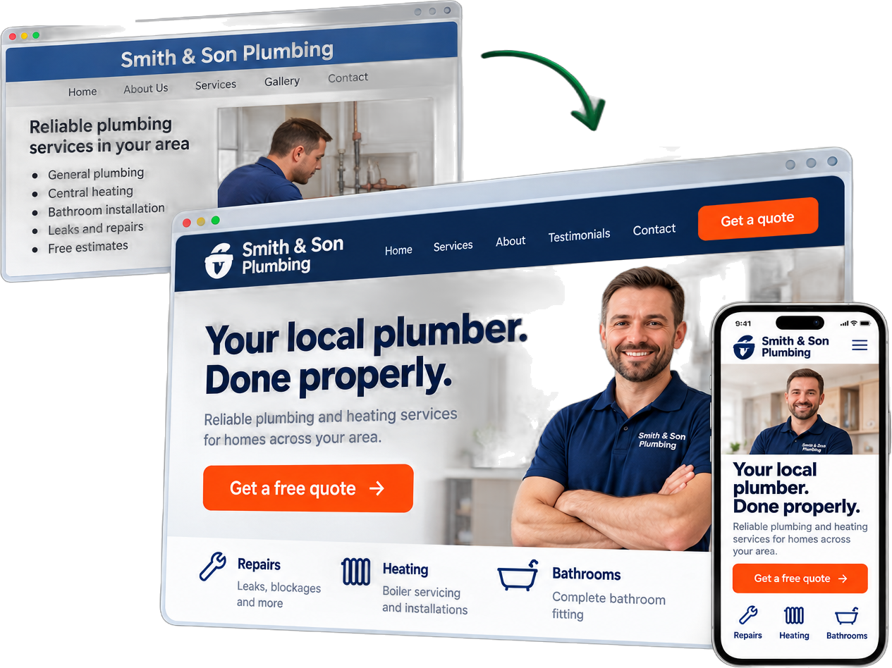 An outdated plumber website next to the same business redesigned by SiteFresh, on desktop and mobile